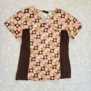 Vintage Cherokee Women's Scrub Top Small Brown Pink White Floral Uniform